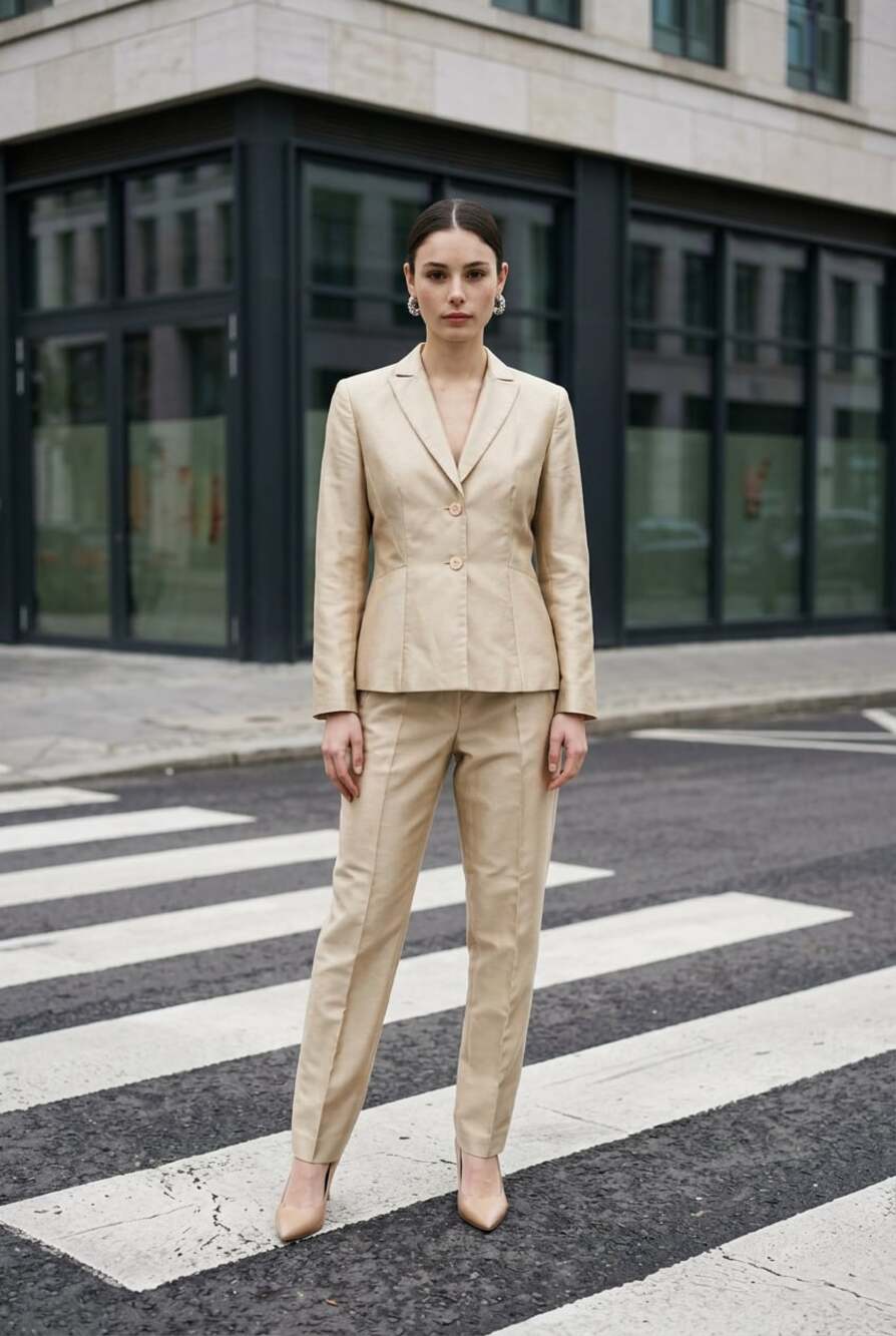 Larry Levine Petite Suits Champagne Gold Blazer and Pant Set